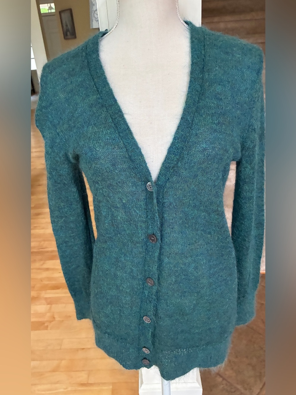 J. Crew Mohair Blend Teal-Green V-Neck Button Cardigan